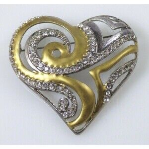 Chicos Heart Brooch Pin Two Toned Clear Rhinestone Swirls  Pierced AHA 2008